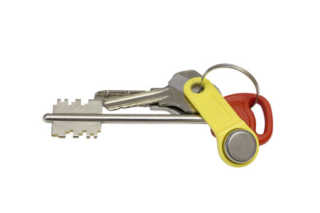 House keys with intercom key isolated on white background.の写真素材
