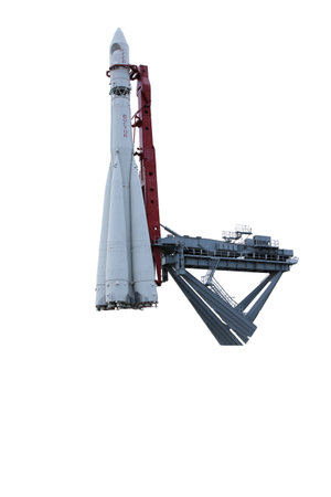 Model rocket Vostok isolated on a white background VDNH Moscow Russia.の写真素材