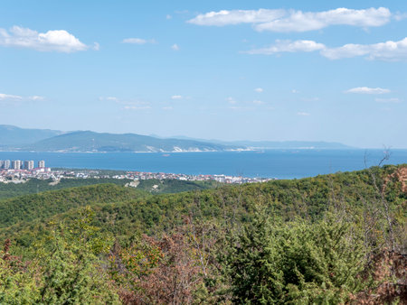 Black sea coast. bald mountain. Beautiful blue sea in Novorossiysk.の写真素材