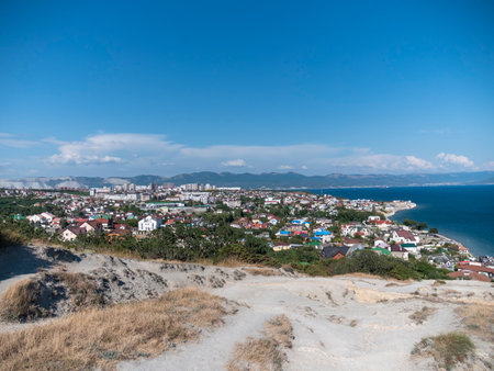 Black sea coast. bald mountain. Beautiful blue sea in Novorossiysk.の写真素材