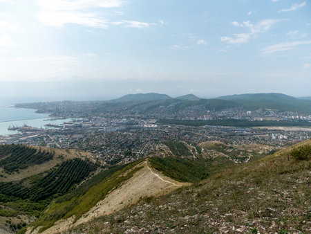 Panoramic view of large port at Black Sea coast in Russia Novorossiysk City.の写真素材