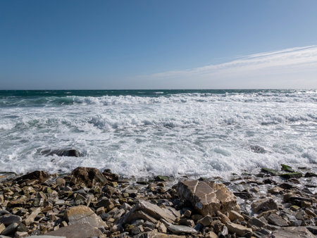 View of a stormy seascape of waves and the Black Sea.の写真素材