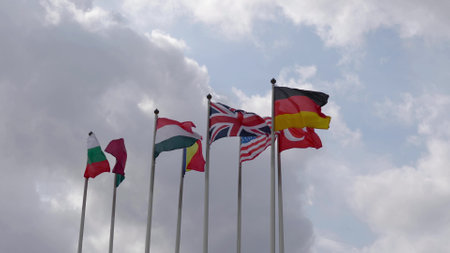 Various national flags with the EU flag under a blue sky