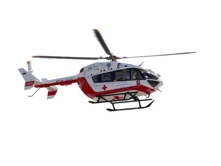 MOSCOW, RUSSIA - NOVEMBER 18: MOSCOW, RUSSIA - JUNE 18: medical helicopter landing on site in Moscow on november 18, 2019 in Russia.のeditorial素材