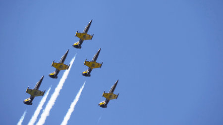 Moscow Russia Zhukovsky Airfield 31 August 2019: Aero L-39 Albatros of Rus aerobatics team performing demonstration flight the international aerospace salon MAKS-2019.のeditorial素材