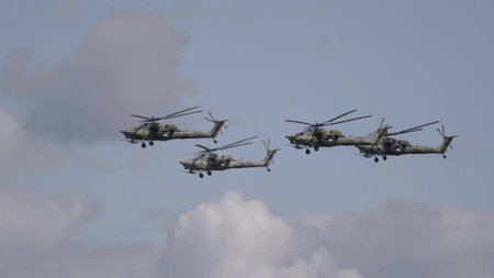 KUBINKA, RUSSIA - May, 15, 2021: attack helicopters Mil Mi-28, STRIZHI Aerobatic Team 30TH Anniversary Event.のeditorial素材