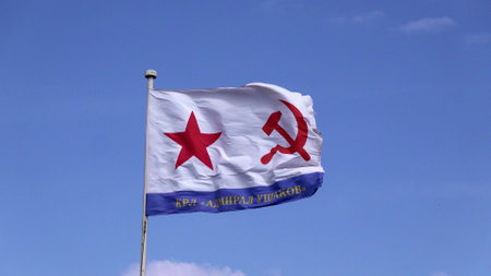 Old Naval flag of the USSR, Russian navy day concept inscription, cruiser Admiral Ushakov.のeditorial素材