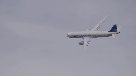 Moscow Russia Zhukovsky Airfield 25 July 2021: Irkut MS-21 new Russian civil airliner the international aerospace salon MAKS-2021.のeditorial素材