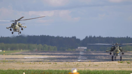 KUBINKA, RUSSIA - May, 15, 2021: attack helicopters Mil Mi-28, STRIZHI Aerobatic Team 30TH Anniversary Event.のeditorial素材
