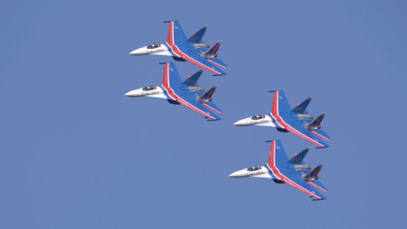 Moscow Russia Zhukovsky Airfield 25 July 2021: Aerobatic teams Russian Knights on planes Su-35 of the international aerospace salon MAKS-2021.のeditorial素材
