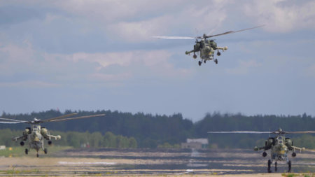 KUBINKA, RUSSIA - May, 15, 2021: attack helicopters Mil Mi-28, STRIZHI Aerobatic Team 30TH Anniversary Event.のeditorial素材