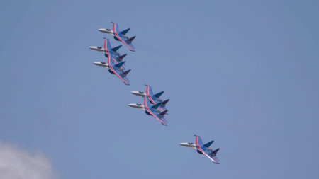 Moscow Russia Zhukovsky Airfield 25 July 2021: Aerobatic teams Russian Knights on planes Su-35 of...