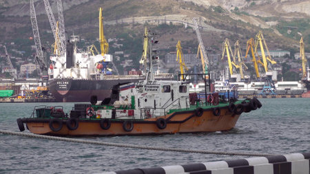Novorossiysk, Russia - 18 August 2023. red port ship name Vladimir Kulishov on the port of Novorossiysk Black Sea.のeditorial素材