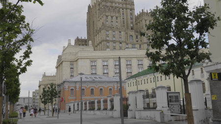 MOSCOW, RUSSIA - JULE 27 2022: The main building of Ministry of Foreign Affairs is one of the famous seven skyscrapers, built in Stalinist style, on Jule 27, 2022 in Moscow, Russiaのeditorial素材