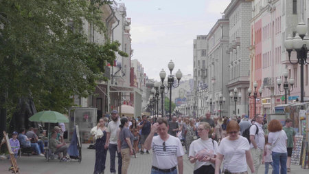 MOSCOW - JULE 27: Walk people along Old Arbat Street on Jule 27, 2019 in Moscow, Russia.のeditorial素材