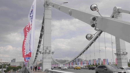 MOSCOW, RUSSIA - MAY 22, 2022: View of the Crimean Krymsky bridge in Moscow from the Gorky park, a popular touristic landmark and place for walking in Moscow.のeditorial素材