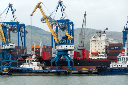 Novorossiysk, Russia 08.18.2023 Port cranes,Black Sea port Krasnodar Territory Novorossiysk.のeditorial素材