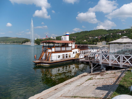 Abrau Durso, Russia 28 August 2024: The retro steamship Champagne is moored at the pier on the embankment of Lake Abrau-Durso.のeditorial素材