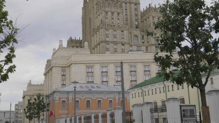 MOSCOW, RUSSIA - JULE 27 2022: The main building of Ministry of Foreign Affairs is one of the famous seven skyscrapers, built in Stalinist style, on Jule 27, 2022 in Moscow, Russiaのeditorial素材