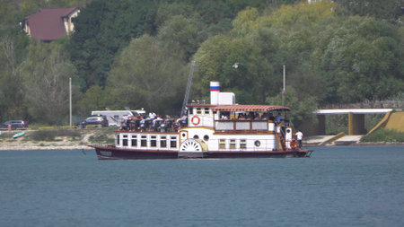 Abrau Durso, Russia 28 August 2024: The retro steamship Champagne is moored at the pier on the embankment of Lake Abrau-Durso.のeditorial素材