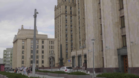 MOSCOW, RUSSIA - JULE 27 2022: The main building of Ministry of Foreign Affairs is one of the famous seven skyscrapers, built in Stalinist style, on Jule 27, 2022 in Moscow, Russiaのeditorial素材