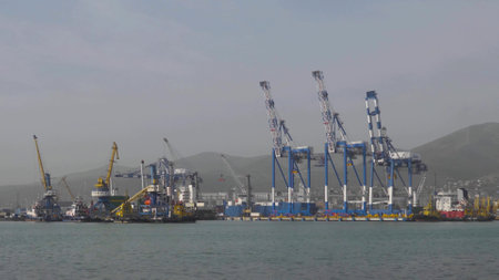 Novorossiysk, Russia 08.18.2023 Port cranes,Black Sea port Krasnodar Territory Novorossiysk.のeditorial素材