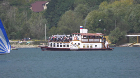 Abrau Durso, Russia 28 August 2024: The retro steamship Champagne is moored at the pier on the embankment of Lake Abrau-Durso.のeditorial素材