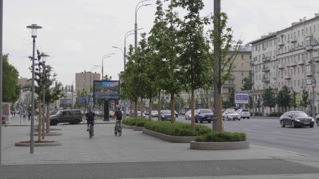 MOSCOW, RUSSIA - MAY 27, 2022: Urban traffic life conceptnear near the square of three stations.のeditorial素材