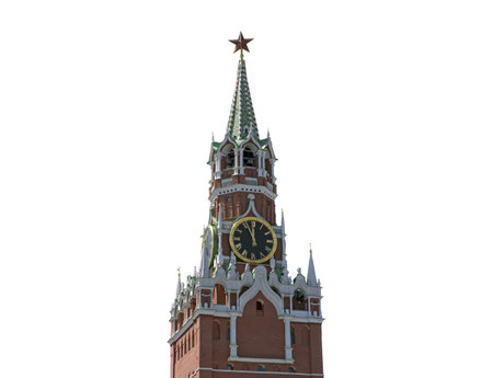 12 hours on the chimes of the Spasskaya Tower of the Moscow Kremlin isolated on a white background.のeditorial素材