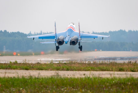 Moscow Russia Zhukovsky Airfield 25 July 2021: Aerobatic teams Russian Knights on planes Su-35 of...