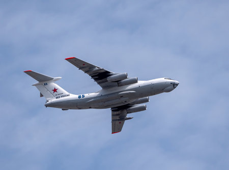 MOSCOW, RUSSIA - MAY 7, 2021: Avia parade in Moscow. tanker Ilyushin Il-78 in the sky on parade of...