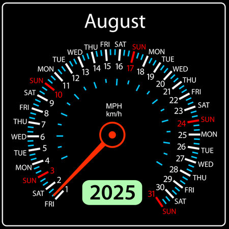 Speedometer in the form of a calendar for 2025 August.のイラスト素材