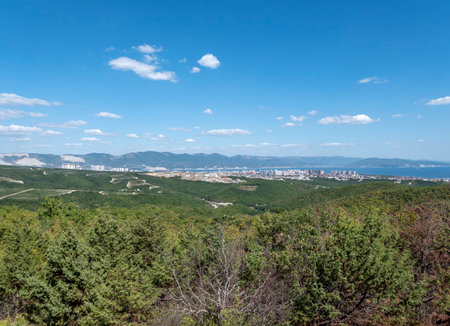 Black sea coast. bald mountain. Beautiful blue sea in Novorossiysk.の写真素材