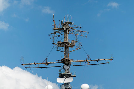 The mast of a large yacht with navigation equipment bottom view.の写真素材