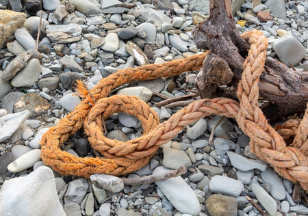 Big Marine Sea Ship Ropes washed ashore by a storm.の写真素材