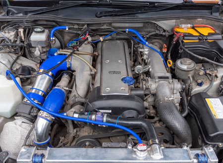 Close up detail of tuned car engine.の写真素材