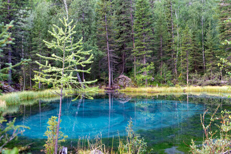 Amazing blue geyser lake in the mountains of Altai, Russia.の写真素材