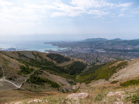 Panoramic view of large port at Black Sea coast in Russia Novorossiysk City.の写真素材