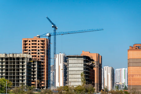 New residential district under construction in Novorossiysk, Russia, with unfinished monolithic...