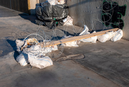 Barbed wire, sandbags and wooden boards blocking a passage and driveway. Temporary barricade and improvised barrier restricting access.の写真素材