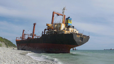 August 22 2025 Cargo ship grounded near the shore of Kabardinka on the Black Sea coast Russia. Large...