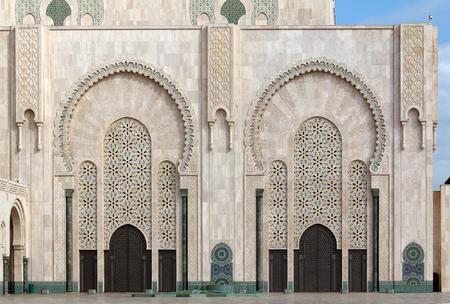 Hassan II Mosque in Casablanca, Morocco. The mosque was completed in 1993 and is the biggest in Morocco, 7th biggest in the world and has the biggest minaret in the world.の写真素材