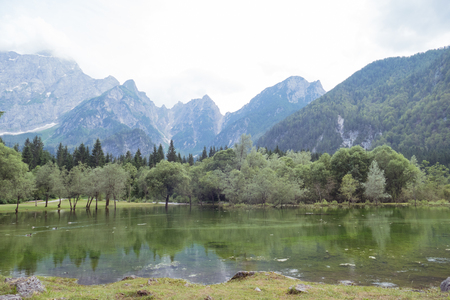 Beautiful Mountain Lake Landscape With Panoramic View Of Mountain Alps On Backgroundの写真素材