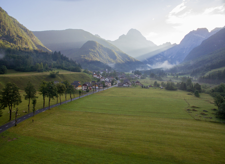 Beautiful Mountain Valley Landscape At Sunriseの写真素材