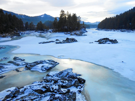 winter Altai Mountains river under the ice crust, blue snow glistens in the sun. Illustration; oil paintの写真素材