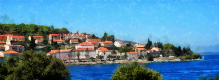 Panoramic viewRed tiled roofs of coastal houses at the beautiful bay and small town, Croatia, illustration watercolorの写真素材