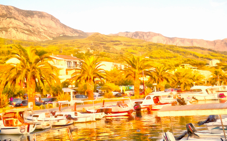 Panoramic view of sailing boats near the beautiful bay and small town, Croatia, illustration...