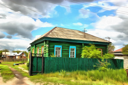 Landscape with house in the outback, village; drawing; acrrlic; watercolor illustrationの写真素材