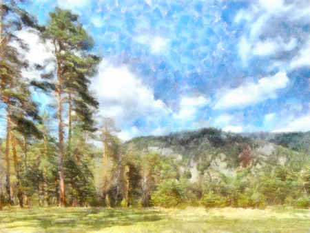 watercolor illustration of Altai Mountains, reserved land, 
Clean streams, creeks and rivers, tall, slender trees, plantation of medicinal herbs, fresh air and undisturbed, pristine nature.の写真素材