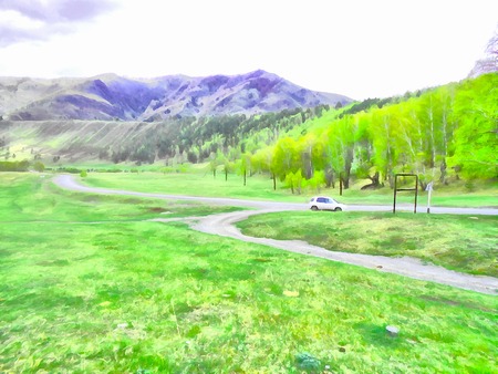Background watercolor painting of a grassy field road, mountains and riverの写真素材